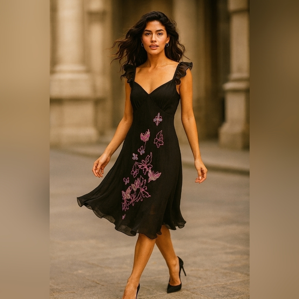 Source Unknown Black Midi Dress with Purple Floral Design